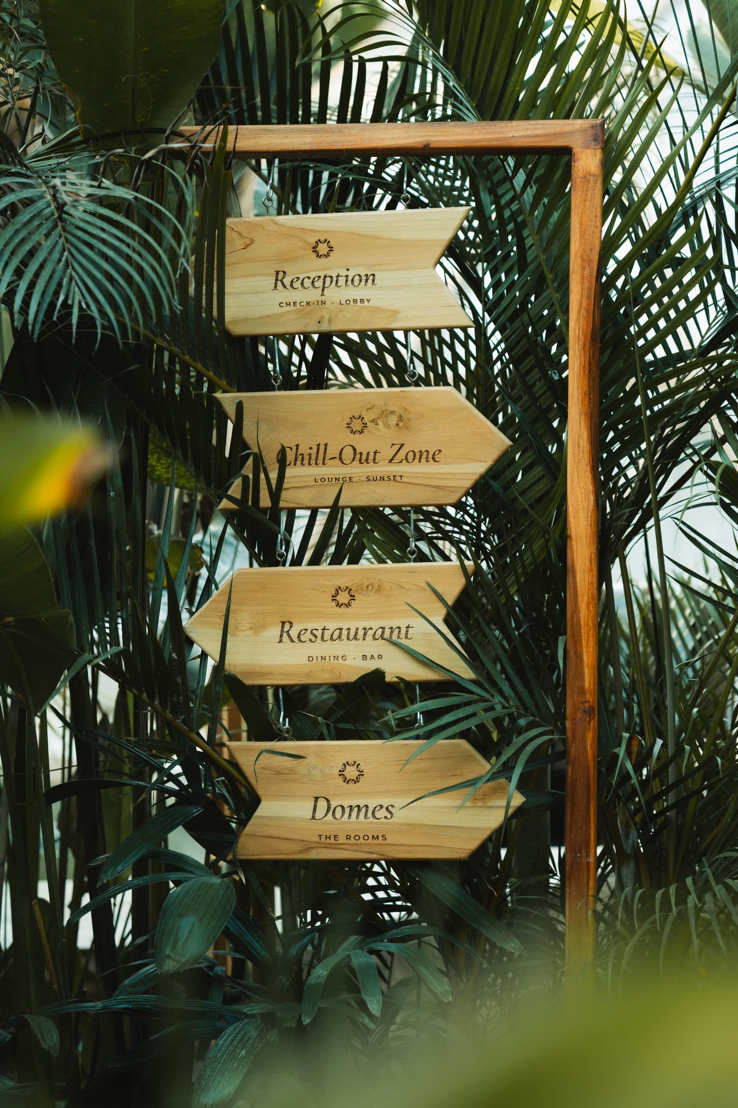 Wooden signposts in the garden: reception, chill-out zone, restaurant, domes